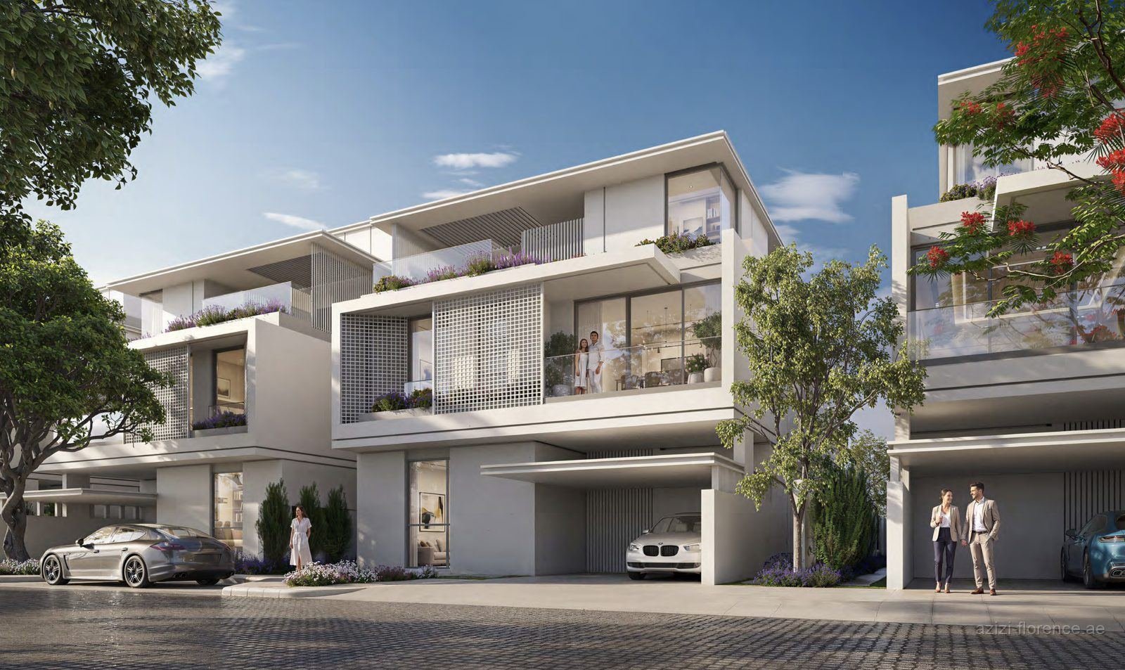 Townhouse collection at Azizi Florence Sharjah with terraces over covered parking